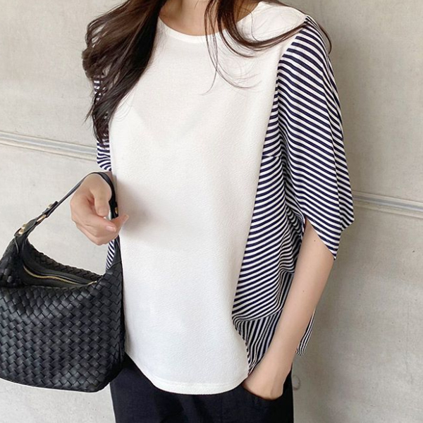 撞色条纹宽袖上衣 - mydress 时裳韩风