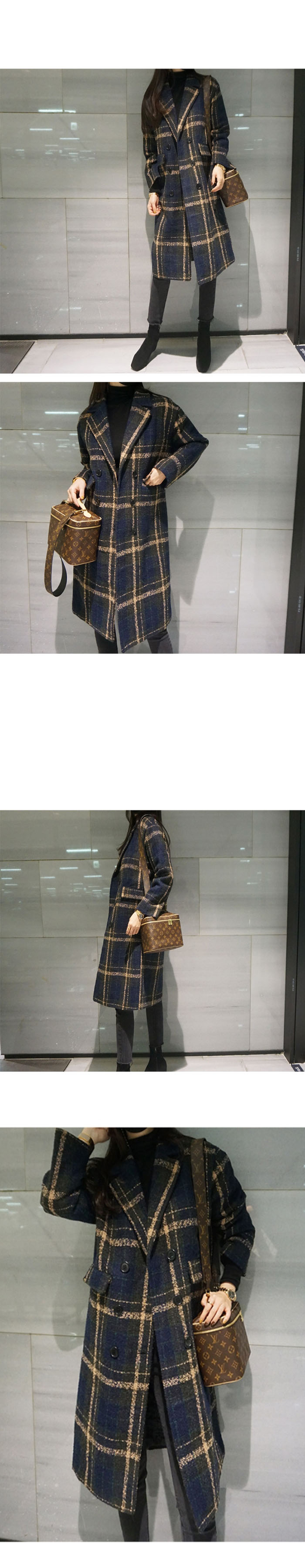 氣質格紋毛呢質感名媛外套,寬鬆,長袖,排釦,格紋,上衣