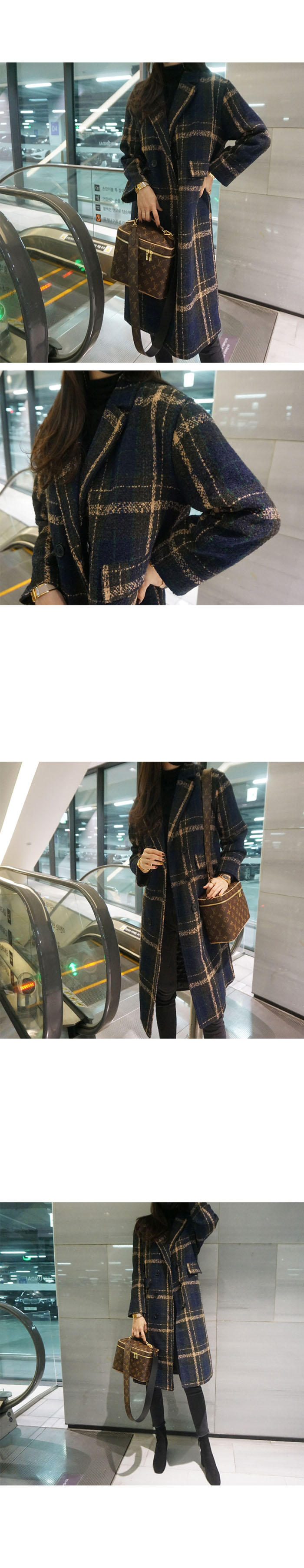 氣質格紋毛呢質感名媛外套,寬鬆,長袖,排釦,格紋,上衣