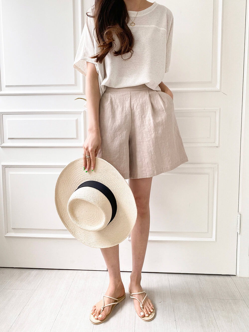 時尚亞麻質感渡假感短褲
