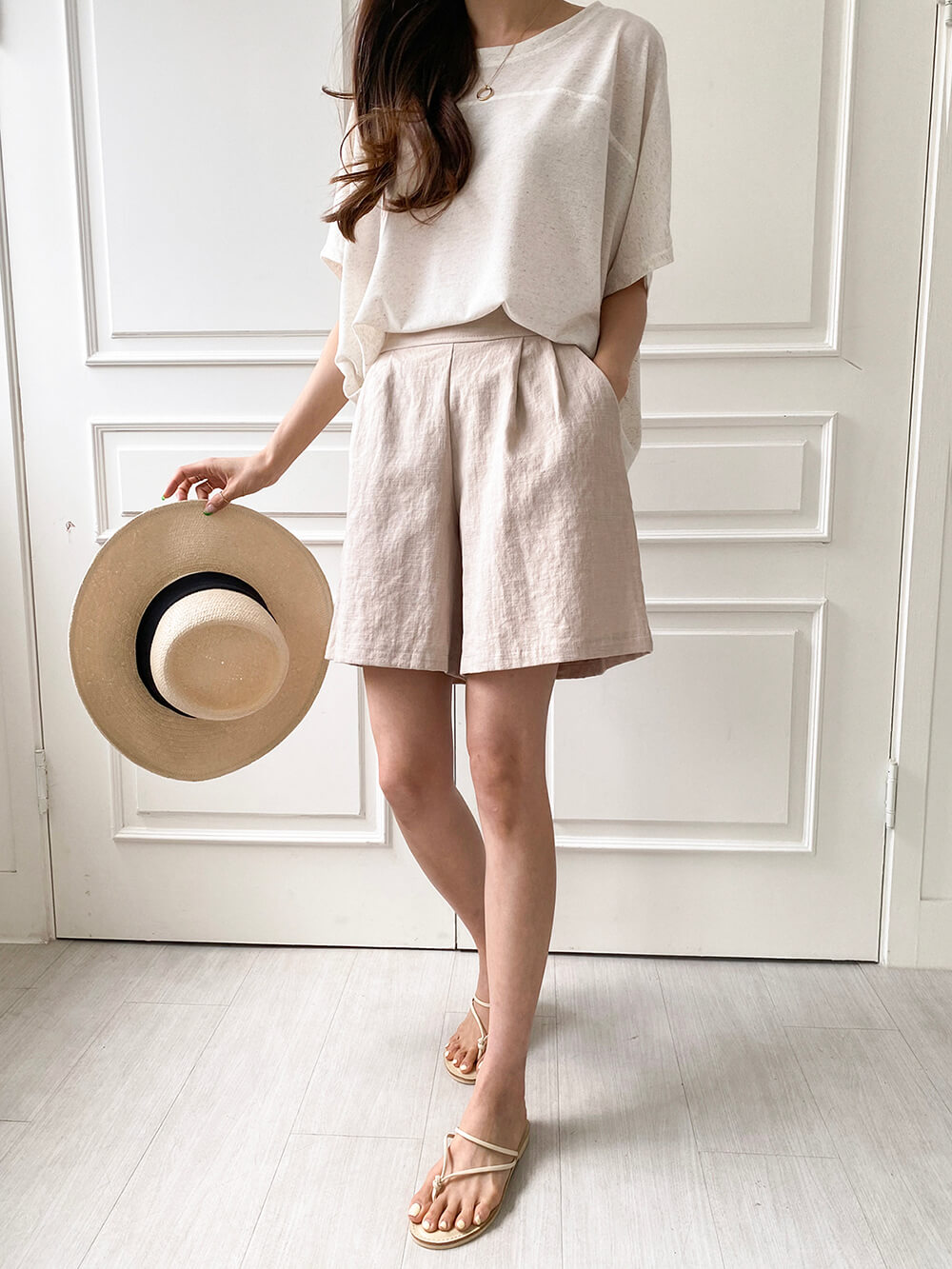 時尚亞麻質感渡假感短褲
