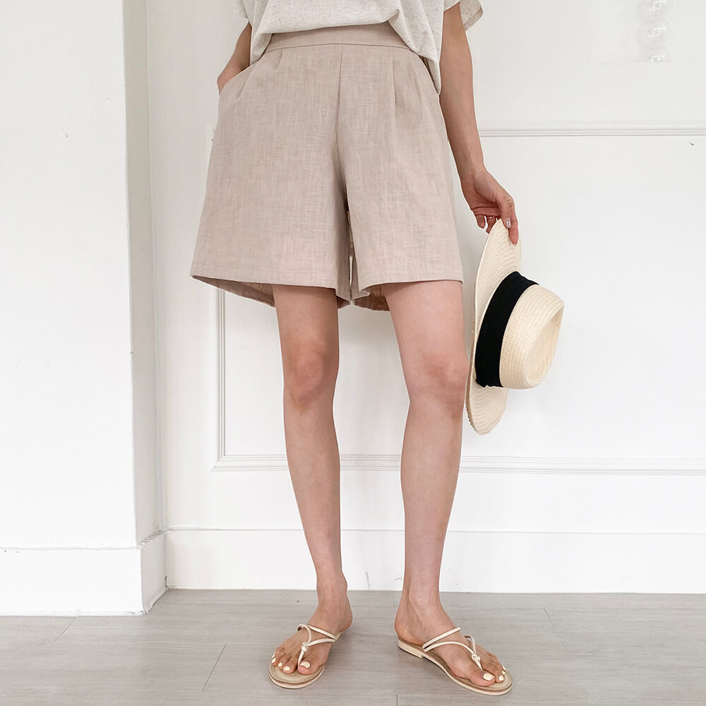 時尚亞麻質感渡假感短褲