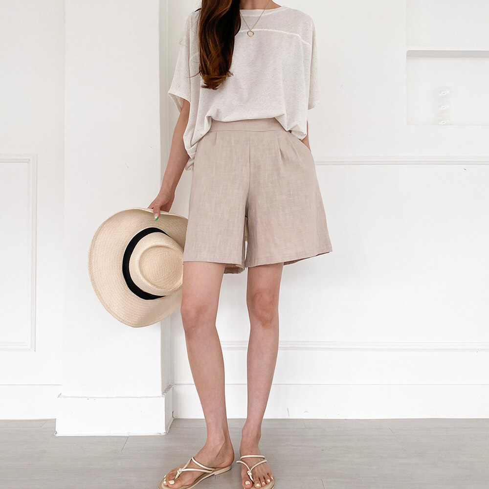 時尚亞麻質感渡假感短褲