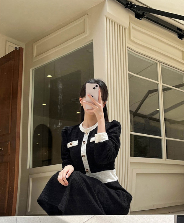 優雅小香風泡袖撞色洋裝