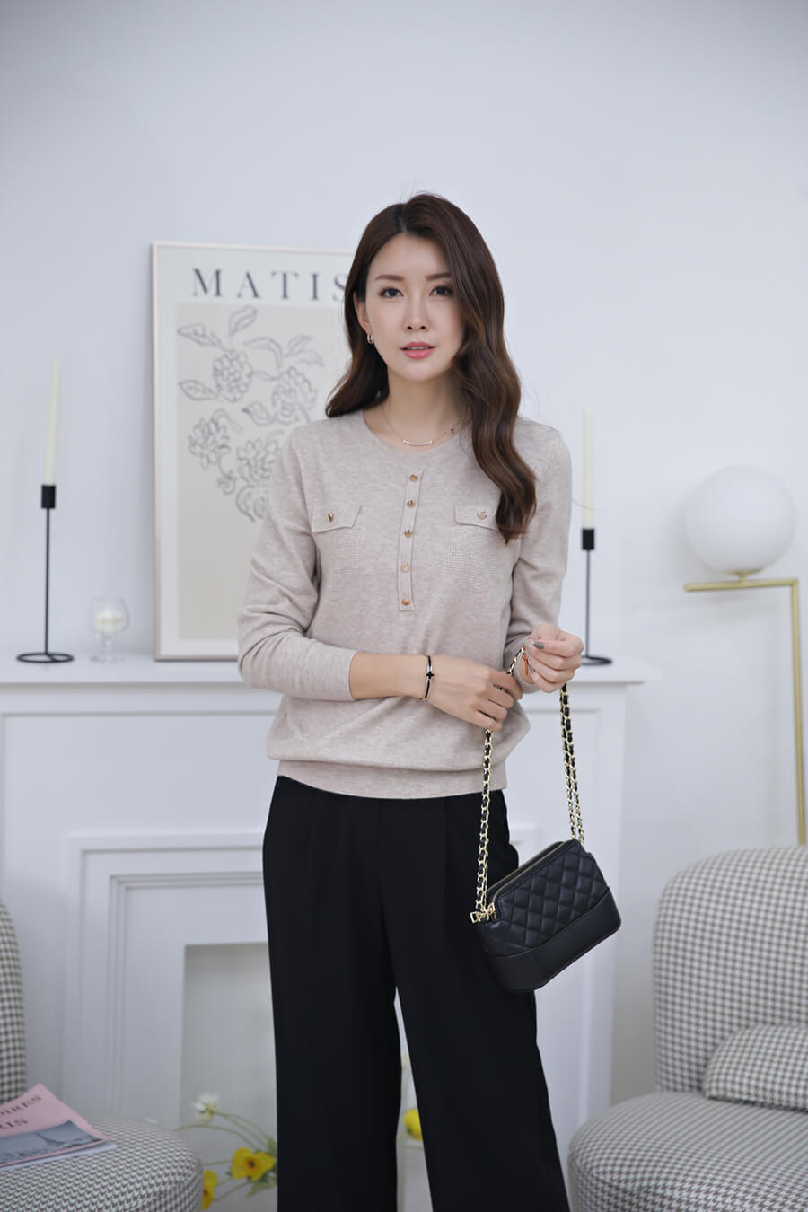 成熟簡約柔軟針織上衣,針織,圓領,長袖,純色,素色