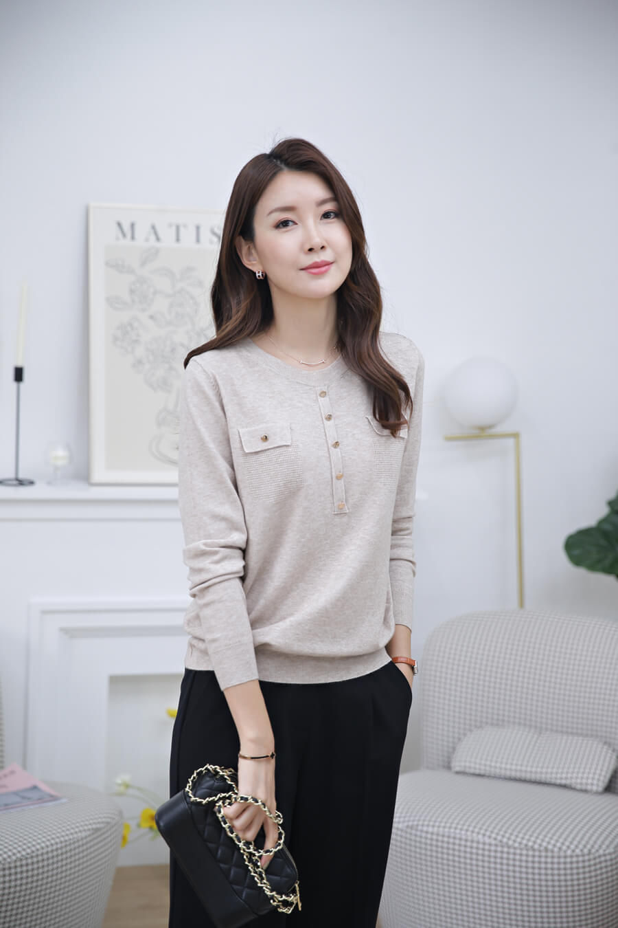 成熟簡約柔軟針織上衣,針織,圓領,長袖,純色,素色