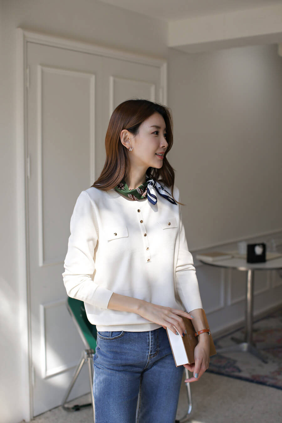 成熟簡約柔軟針織上衣,針織,圓領,長袖,純色,素色