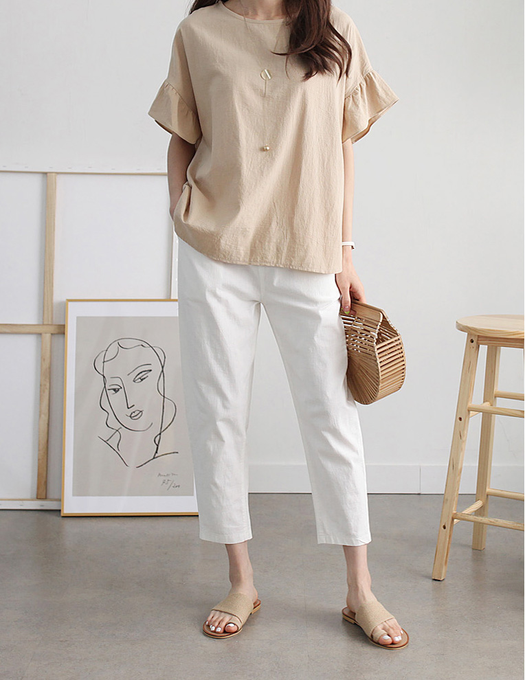 甜美荷葉袖圓領舒適上衣