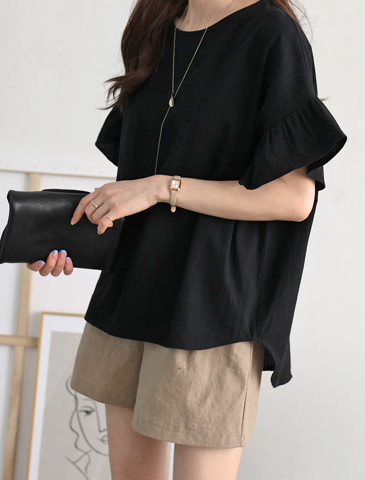 甜美荷葉袖圓領舒適上衣