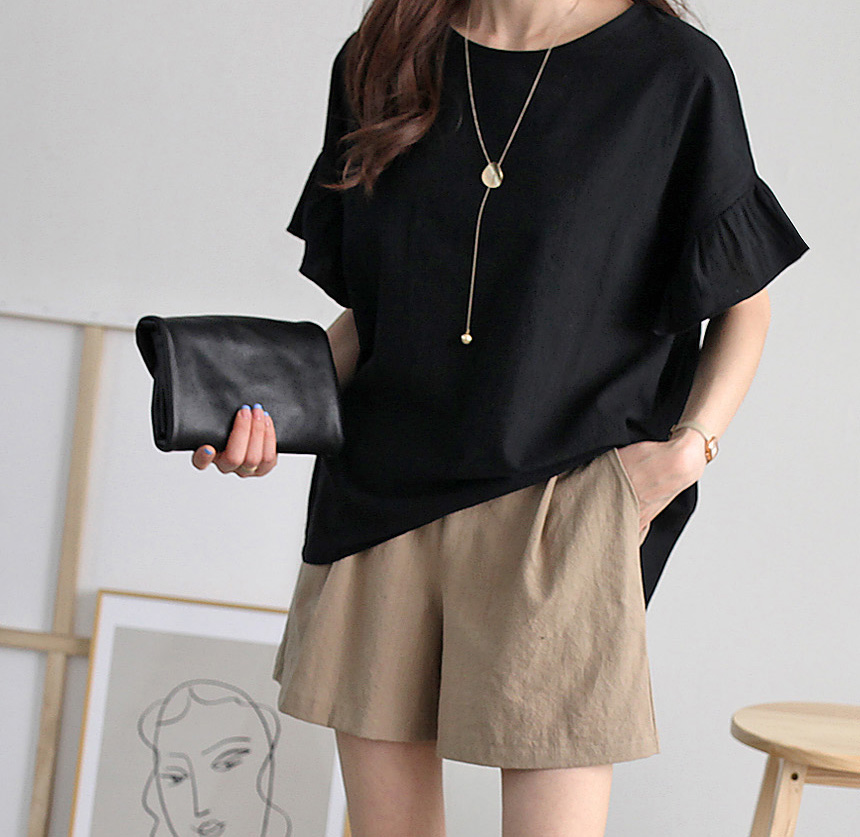 甜美荷葉袖圓領舒適上衣