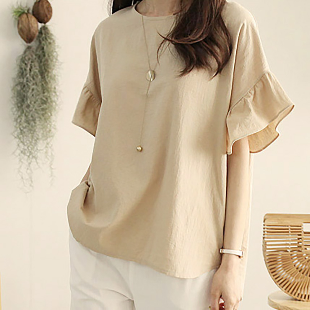 甜美荷葉袖圓領舒適上衣