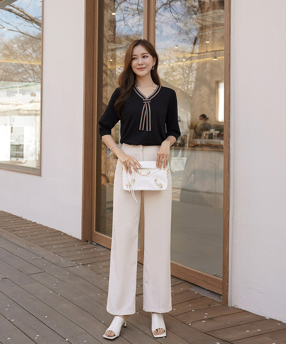 拼接織帶領結五分袖上衣,領結,織帶,羅紋,上身,上衣