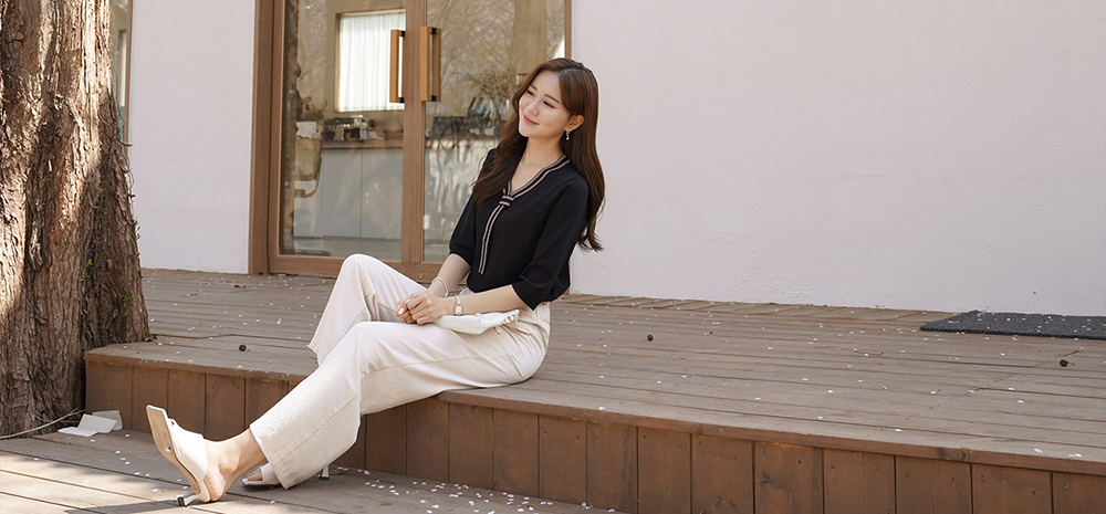 拼接織帶領結五分袖上衣,領結,織帶,羅紋,上身,上衣