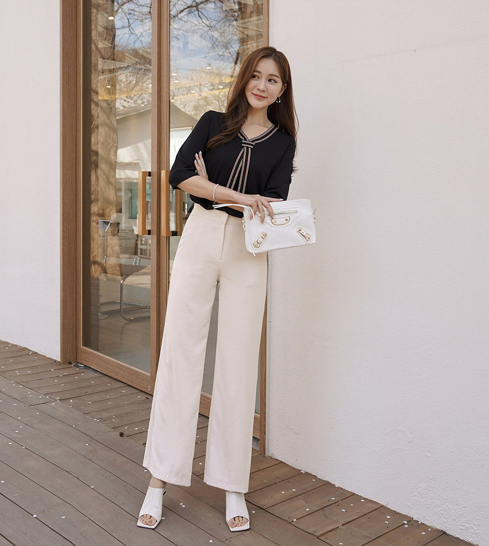 拼接織帶領結五分袖上衣,領結,織帶,羅紋,上身,上衣