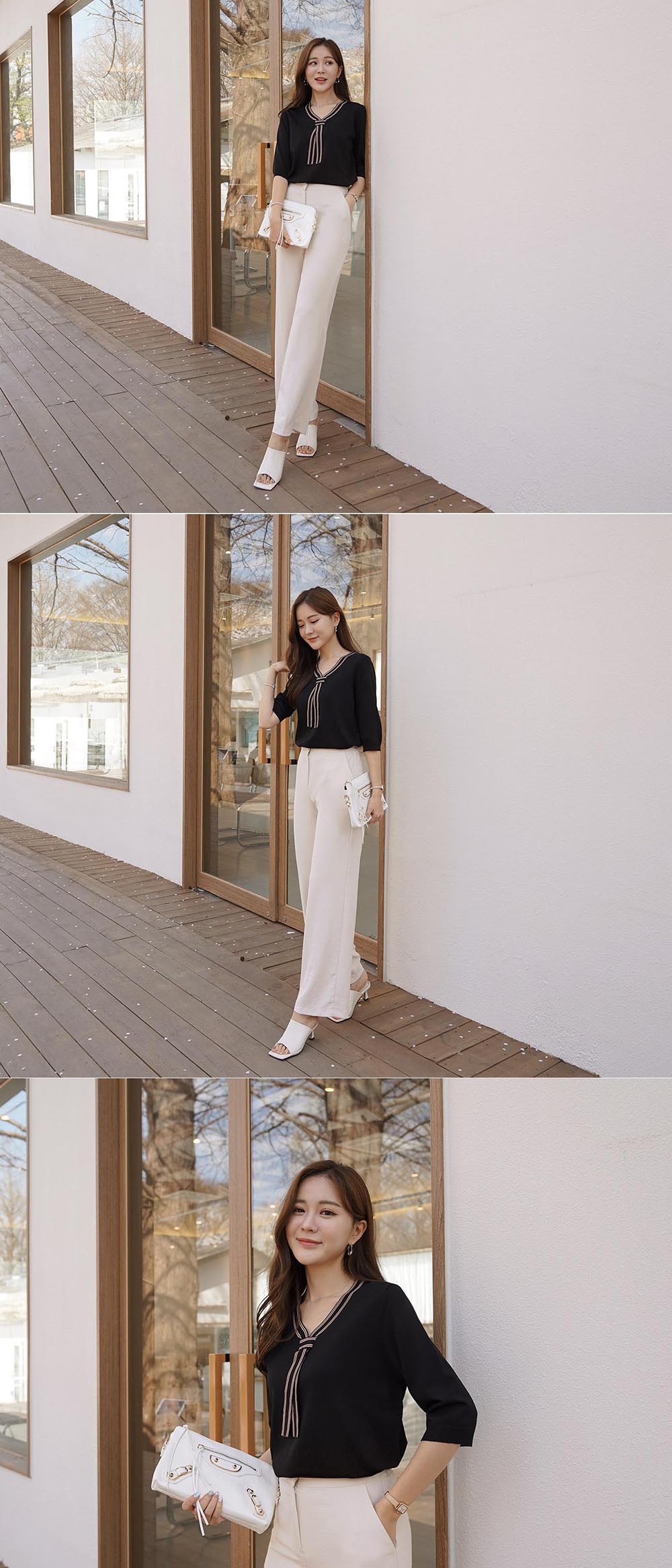 拼接織帶領結五分袖上衣,領結,織帶,羅紋,上身,上衣