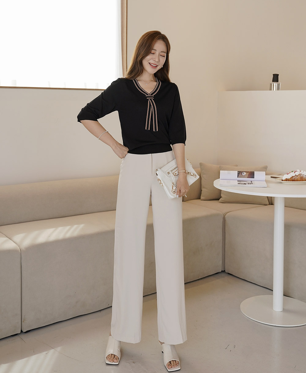 拼接織帶領結五分袖上衣,領結,織帶,羅紋,上身,上衣