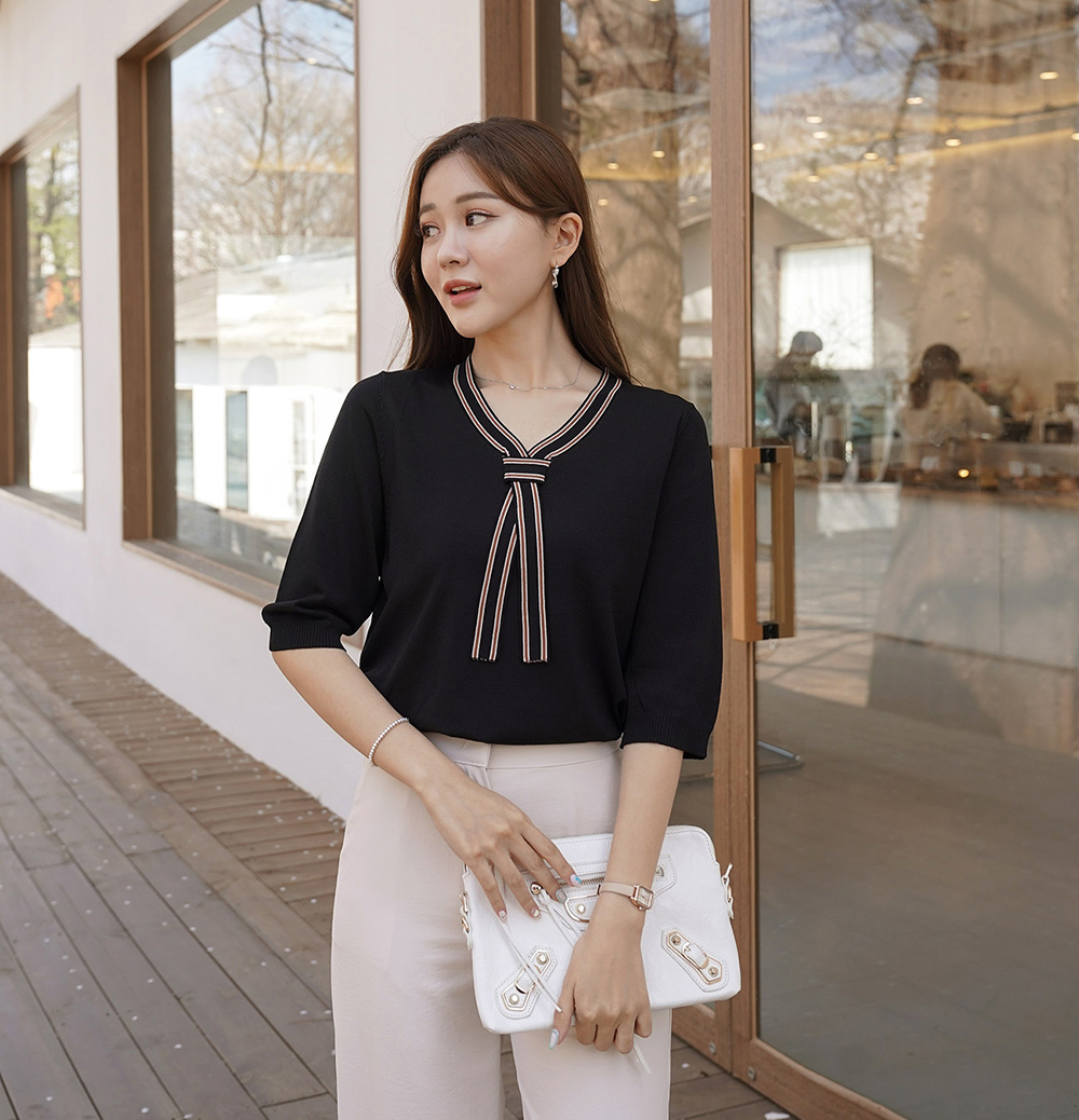 拼接織帶領結五分袖上衣,領結,織帶,羅紋,上身,上衣