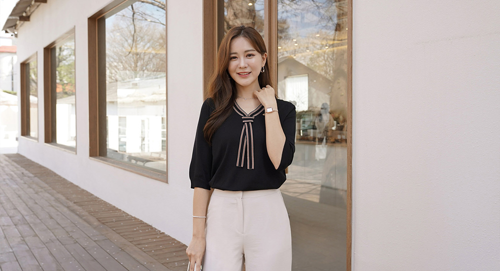 拼接織帶領結五分袖上衣,領結,織帶,羅紋,上身,上衣