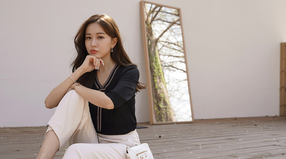 拼接織帶領結五分袖上衣,領結,織帶,羅紋,上身,上衣