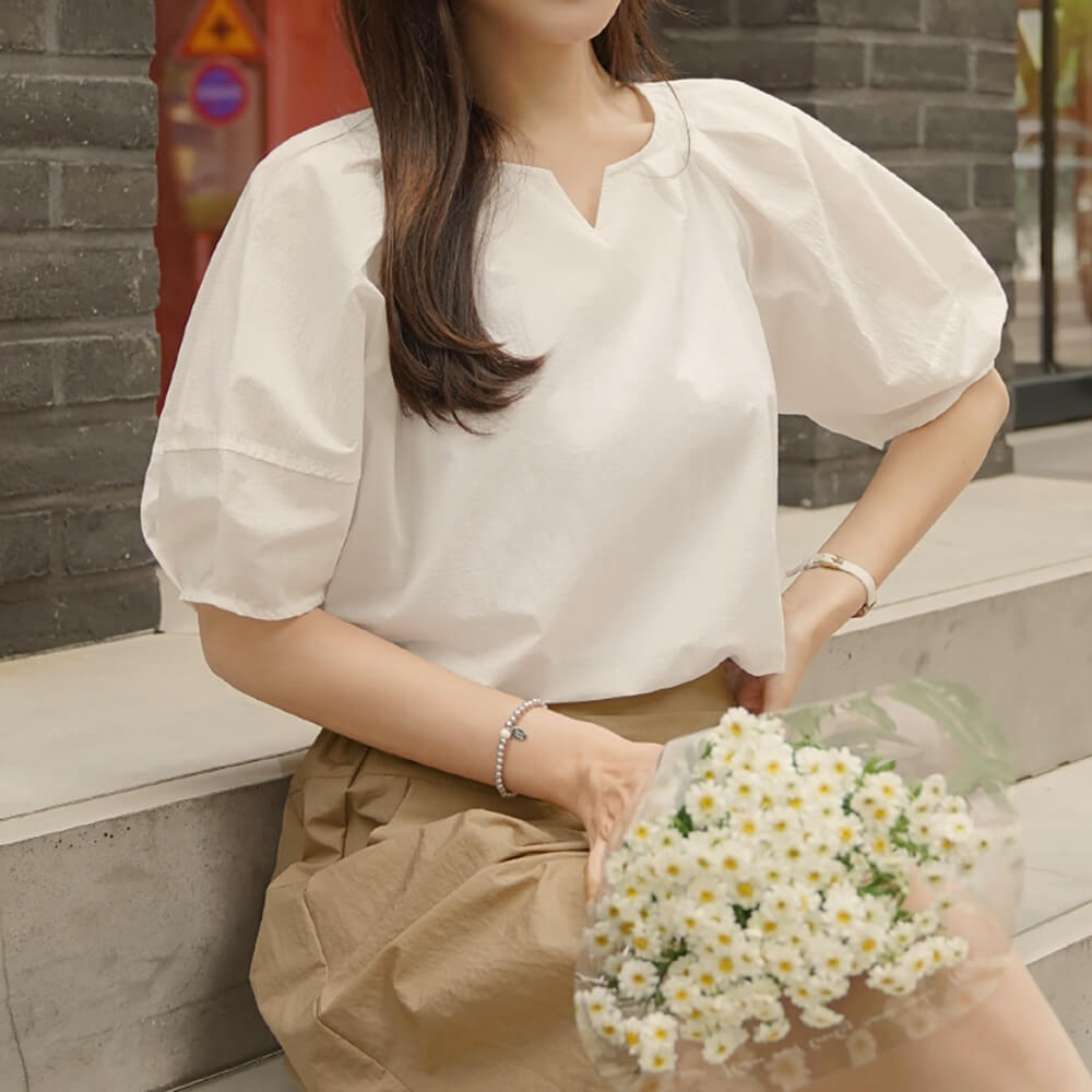 素色清透棉質設計短袖上衣