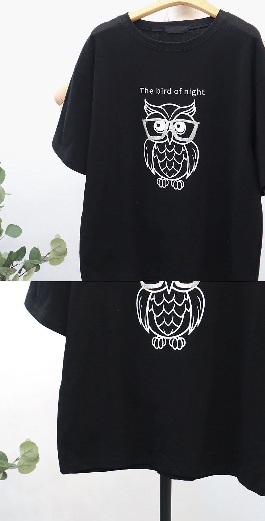 貓頭鷹與字母圖案短袖上衣