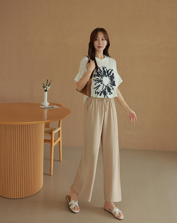 拓印風格印花連袖亞麻上衣,短袖,休閒,好搭,圖案,亞麻