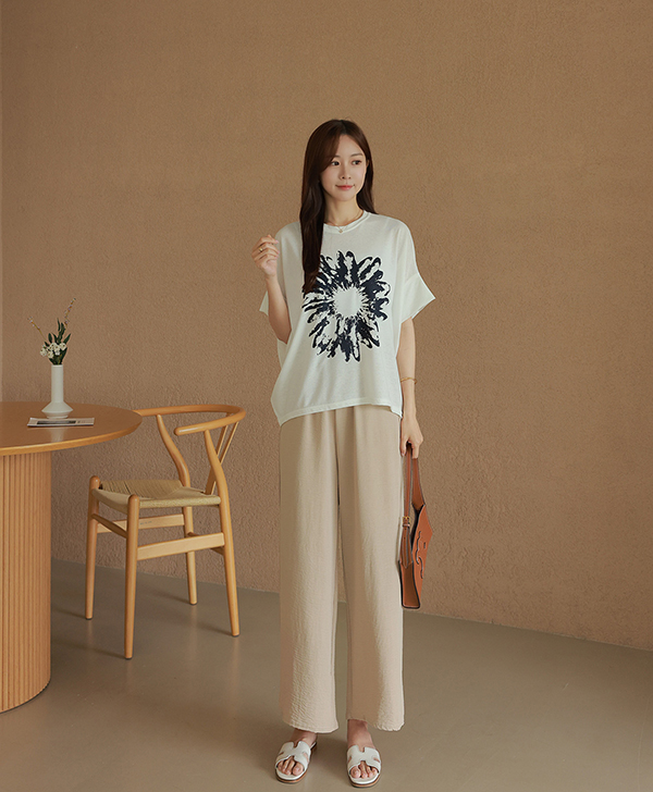 拓印風格印花連袖亞麻上衣,短袖,休閒,好搭,圖案,亞麻