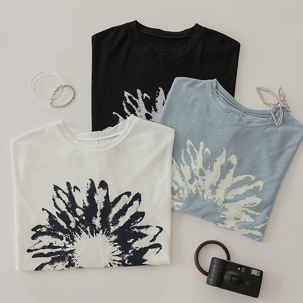 拓印風格印花連袖亞麻上衣,短袖,休閒,好搭,圖案,亞麻