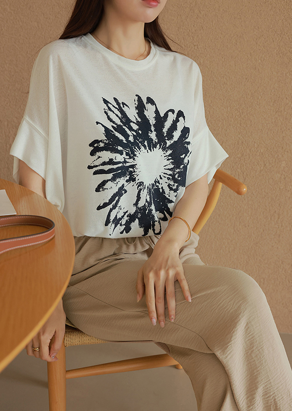 拓印風格印花連袖亞麻上衣,短袖,休閒,好搭,圖案,亞麻