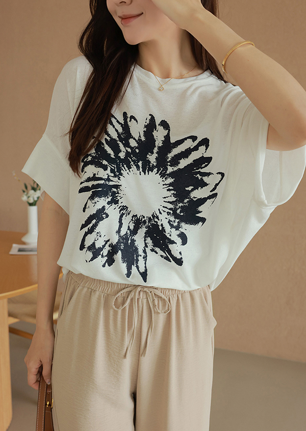 拓印風格印花連袖亞麻上衣,短袖,休閒,好搭,圖案,亞麻