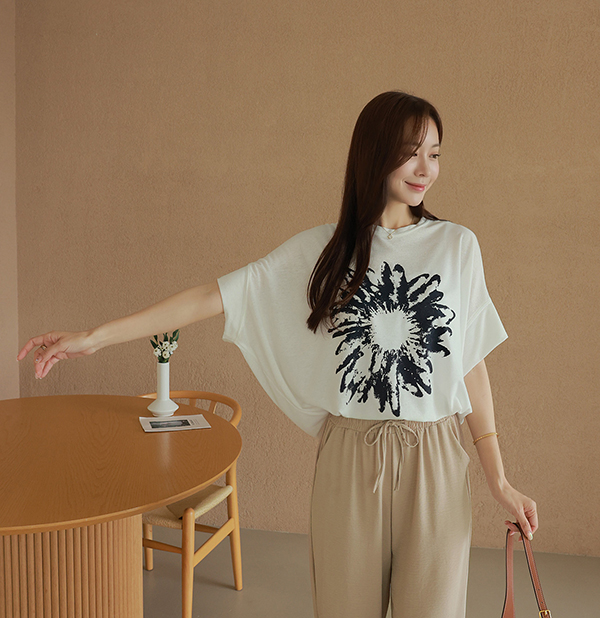 拓印風格印花連袖亞麻上衣,短袖,休閒,好搭,圖案,亞麻