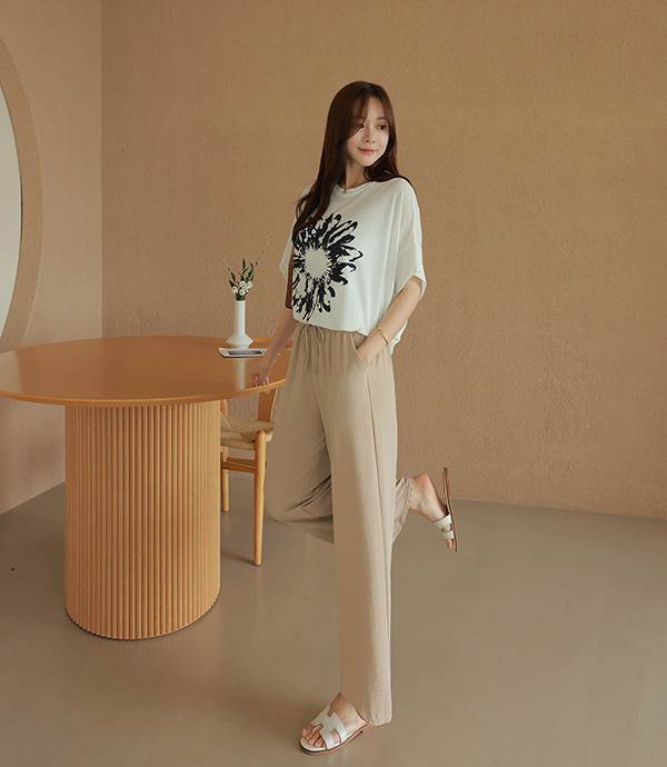 拓印風格印花連袖亞麻上衣,短袖,休閒,好搭,圖案,亞麻