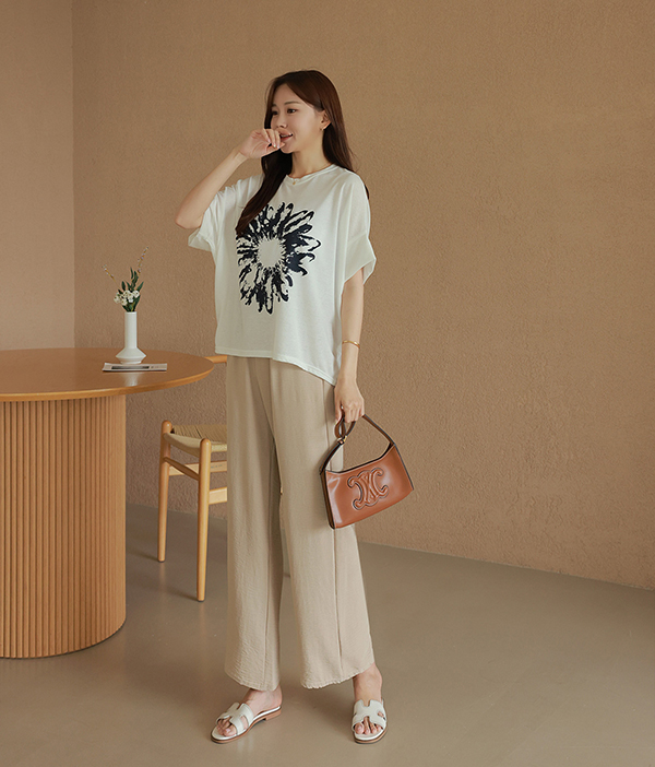 拓印風格印花連袖亞麻上衣,短袖,休閒,好搭,圖案,亞麻