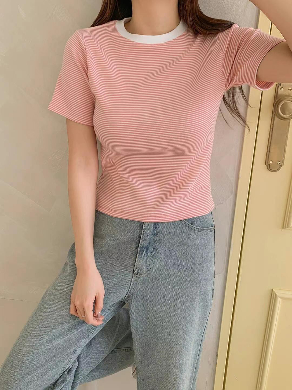 簡約細條紋撞色圓領TEE