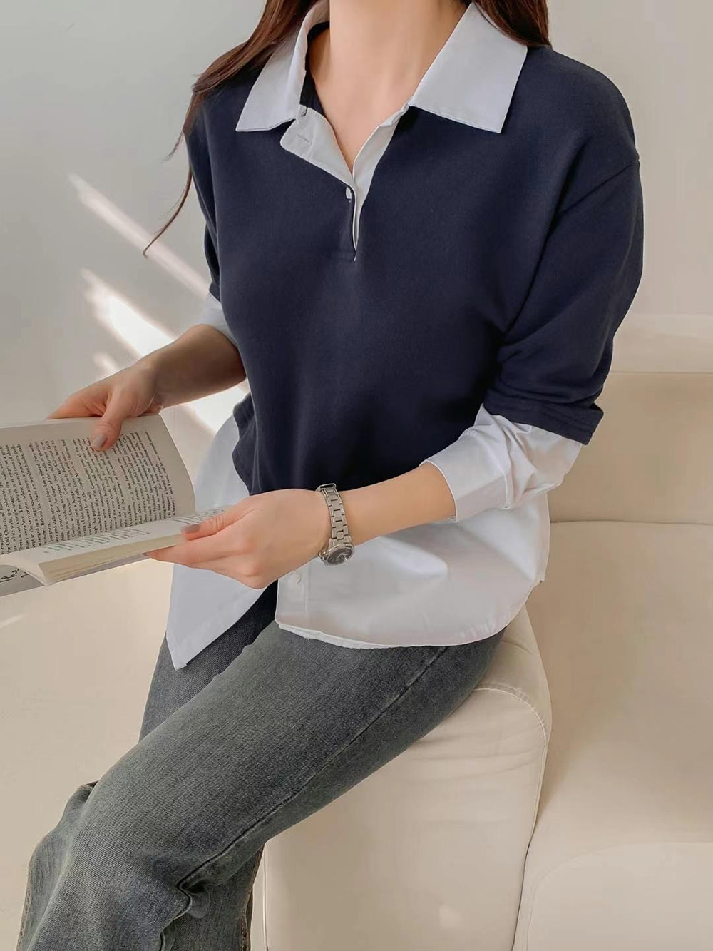 假兩件拼接條紋襯衫