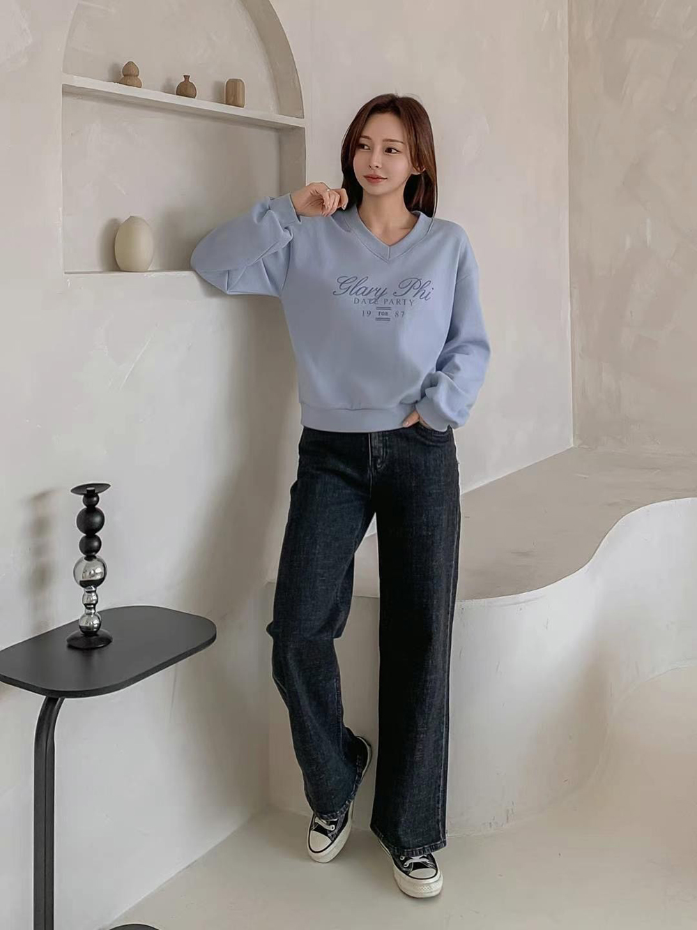 簡單V領長袖棉TEE