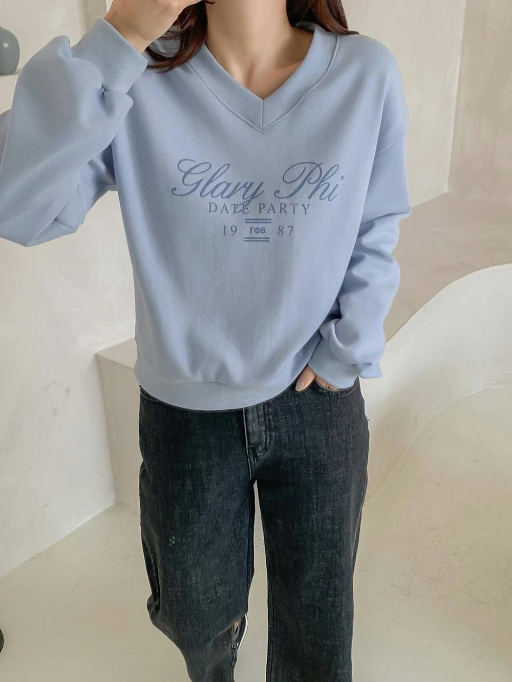 簡單V領長袖棉TEE