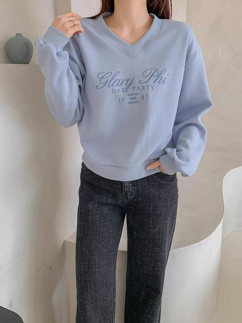 簡單V領長袖棉TEE