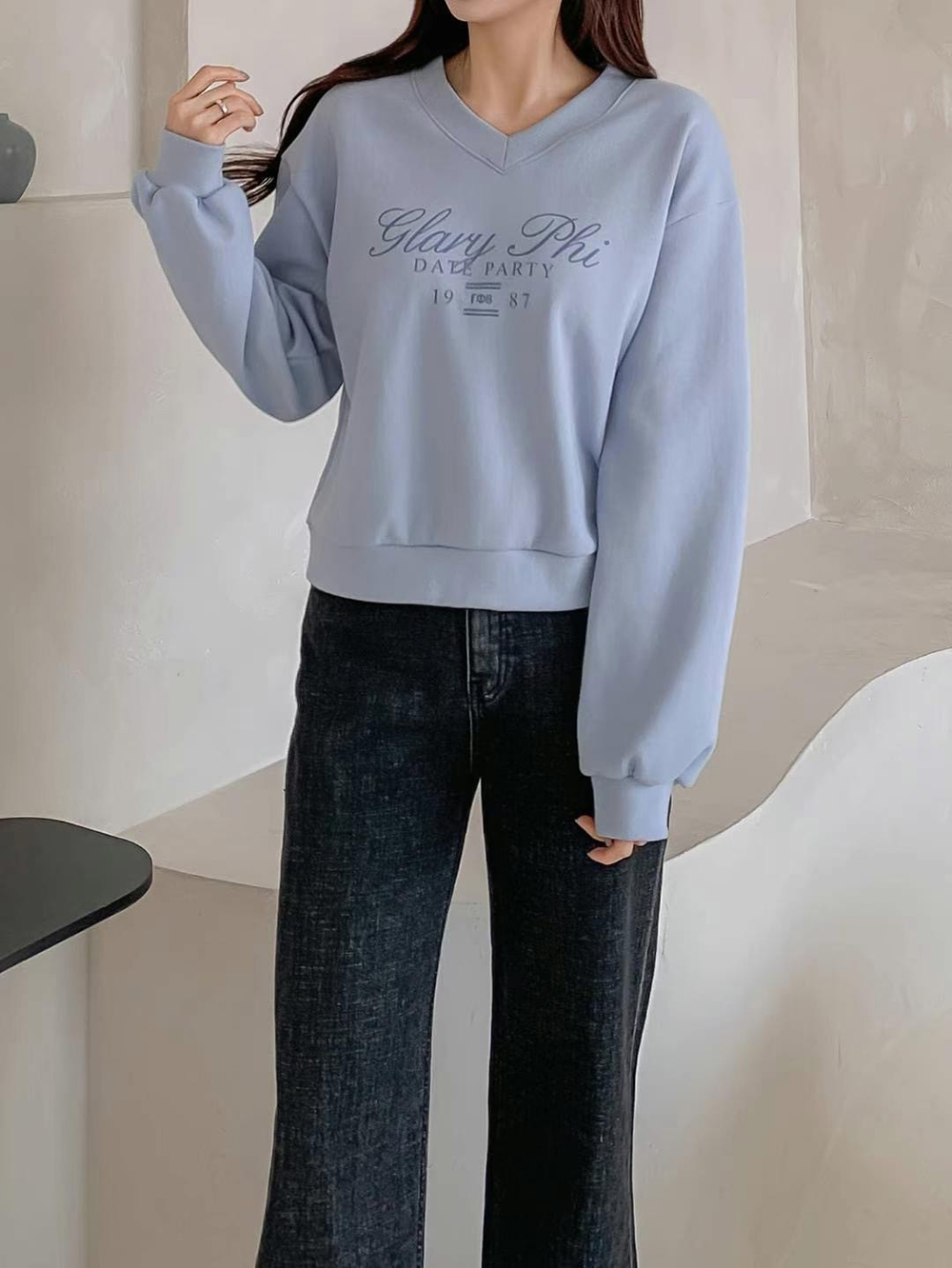 簡單V領長袖棉TEE