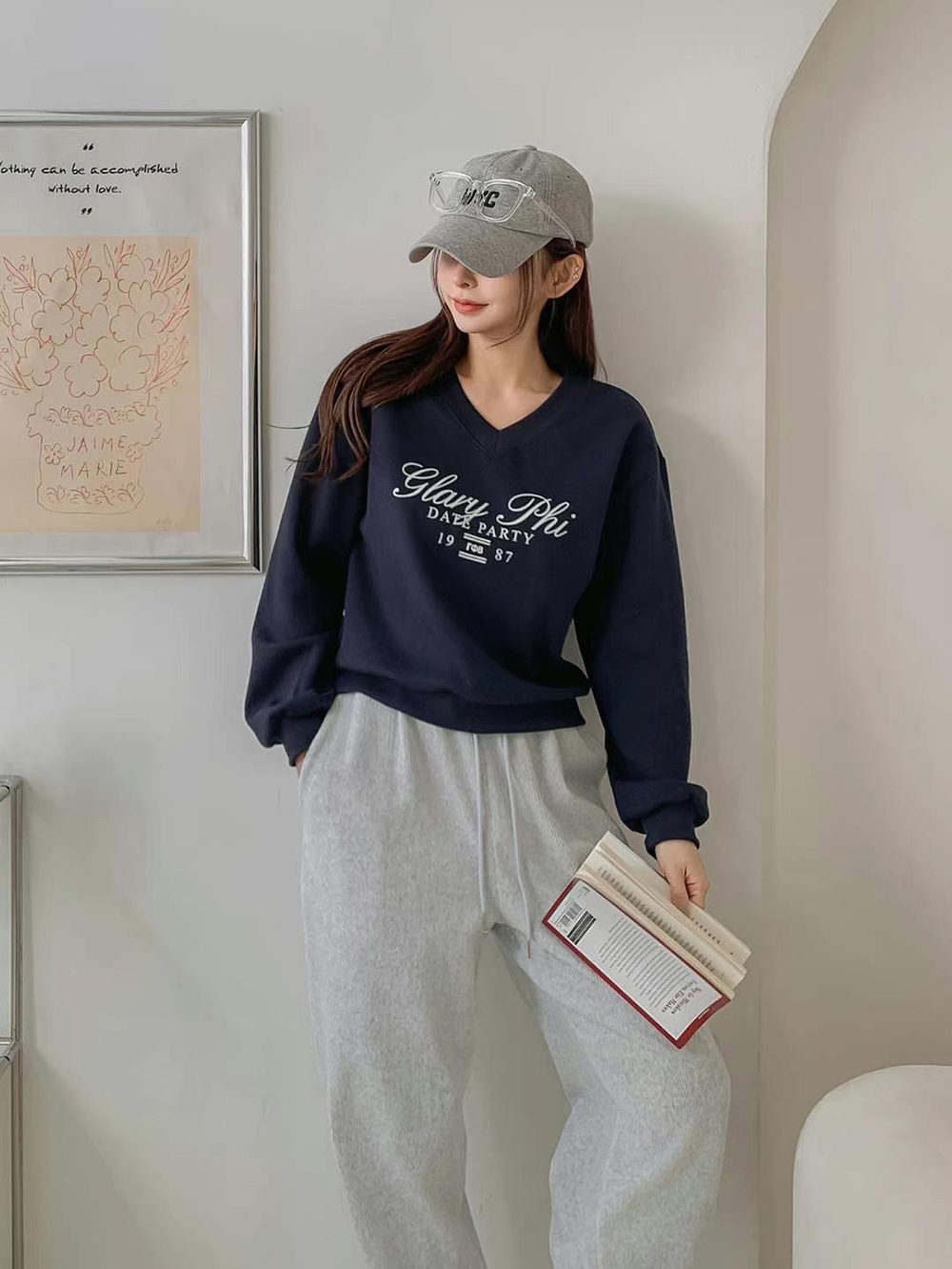 簡單V領長袖棉TEE