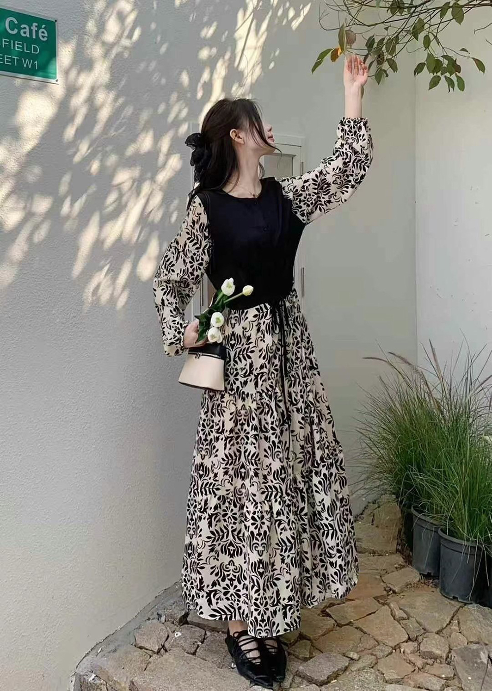 植物印花拼接綁帶洋裝