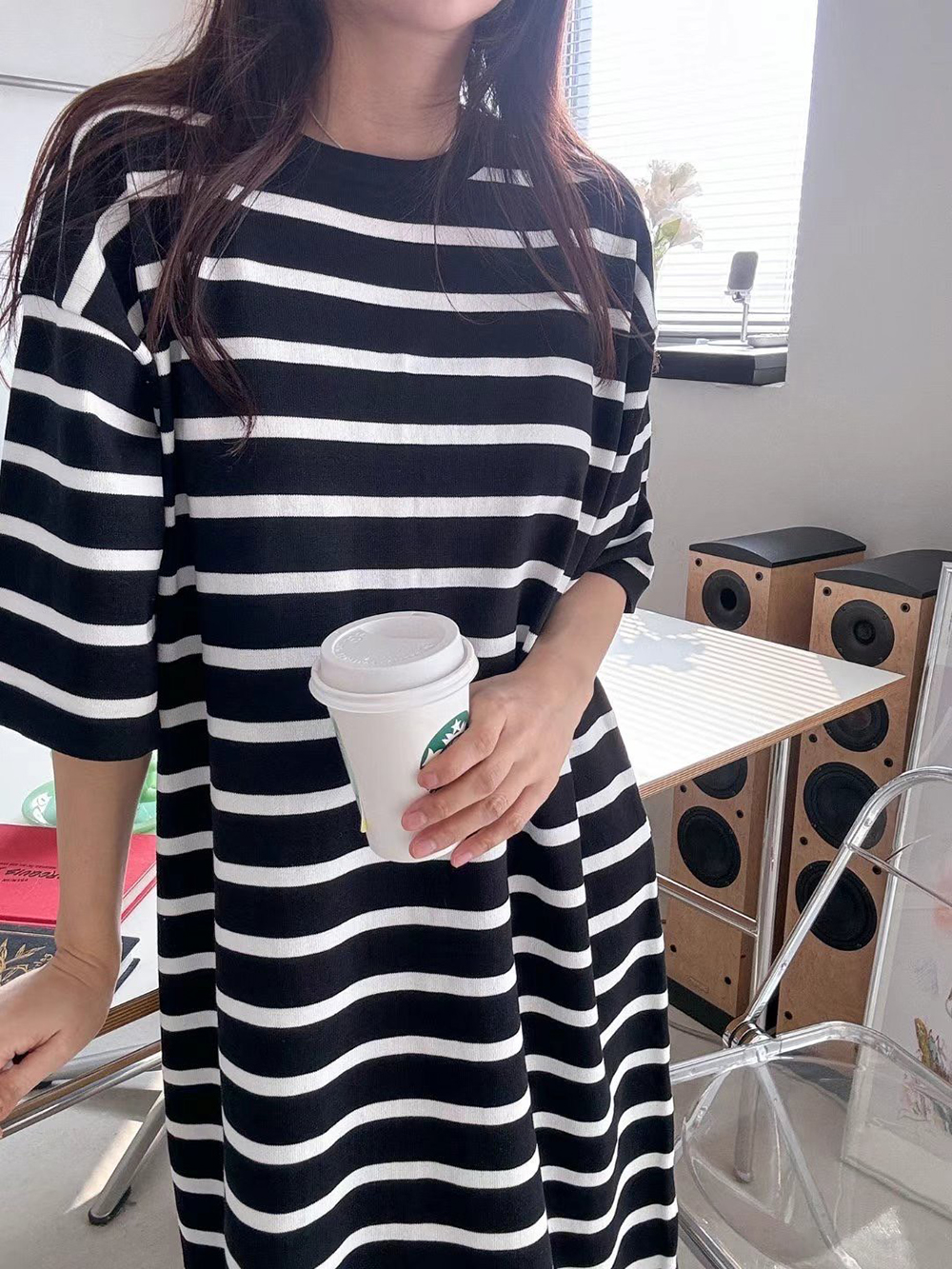 寬鬆條紋短袖洋裝