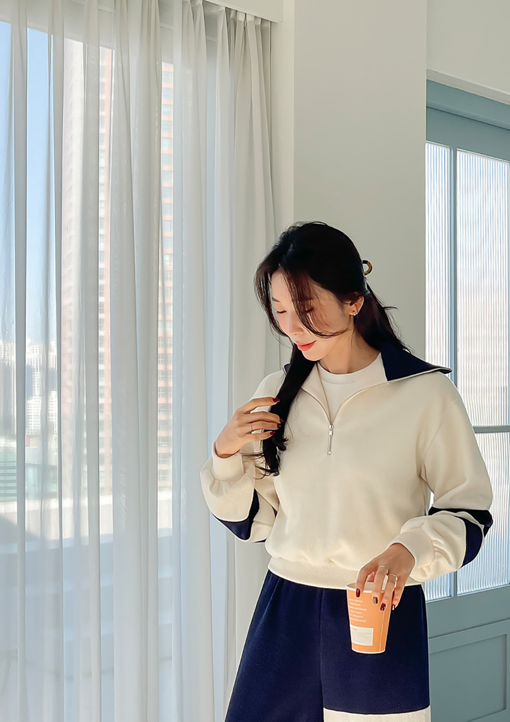 撞色條紋PO領長褲套裝