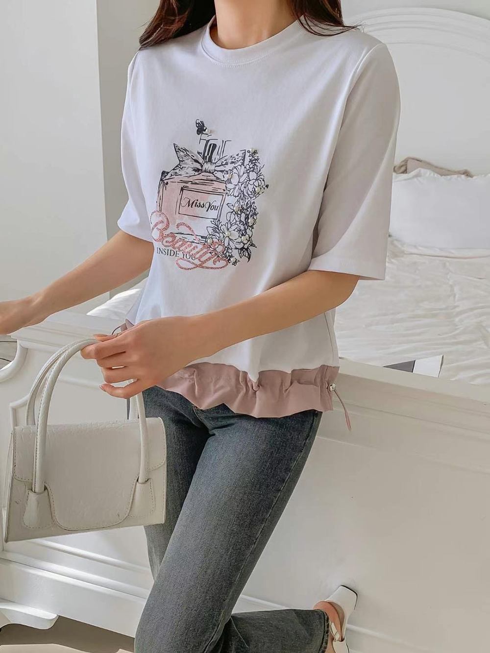 下擺抽繩香水印花上衣