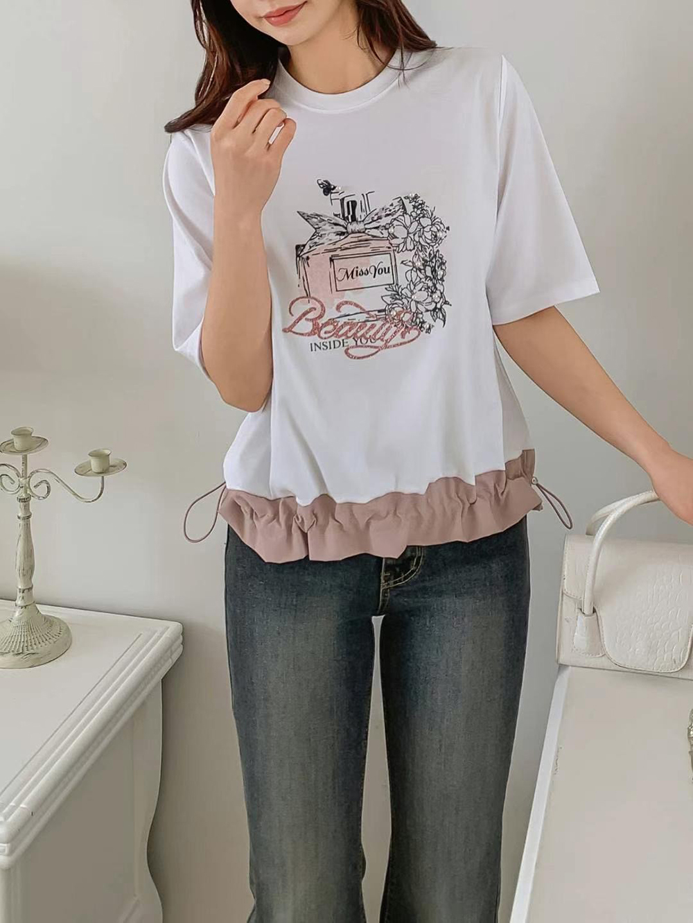 下擺抽繩香水印花上衣