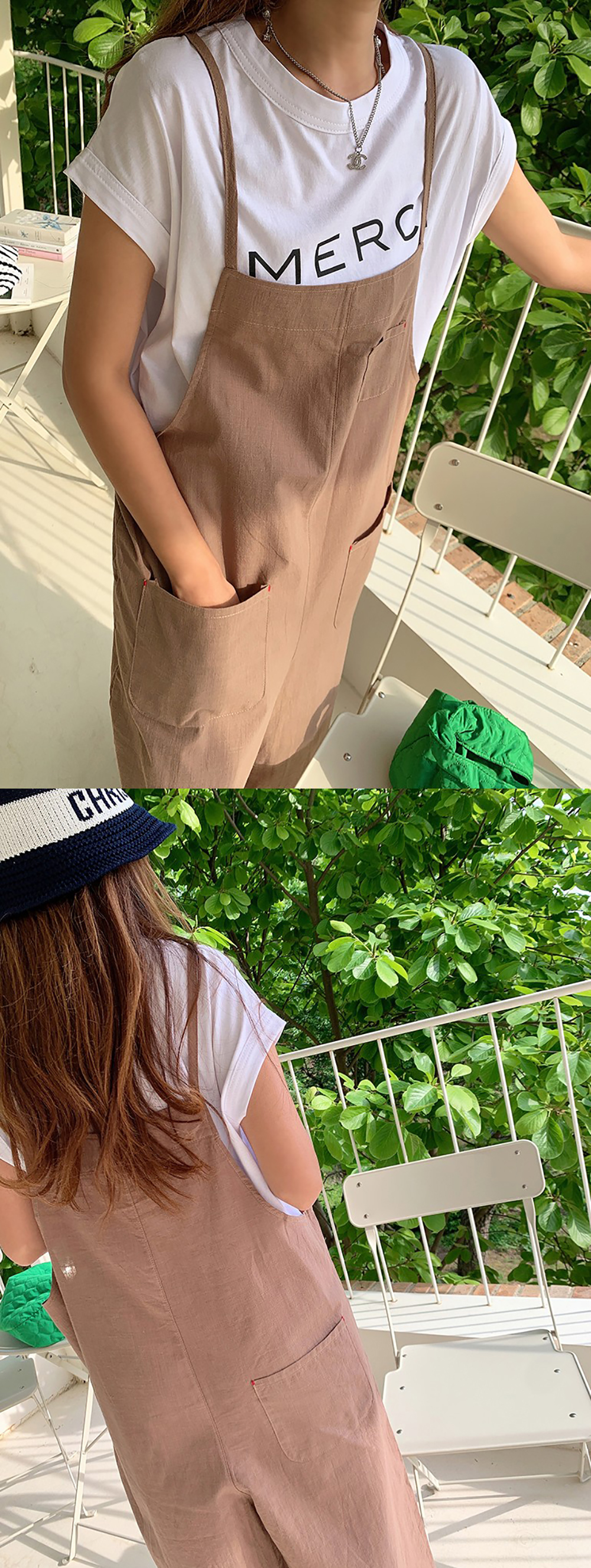 簡約日常亞麻吊帶長褲