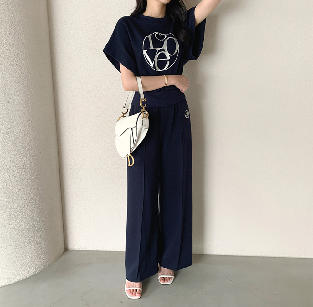 質感刺繡字母長褲套裝