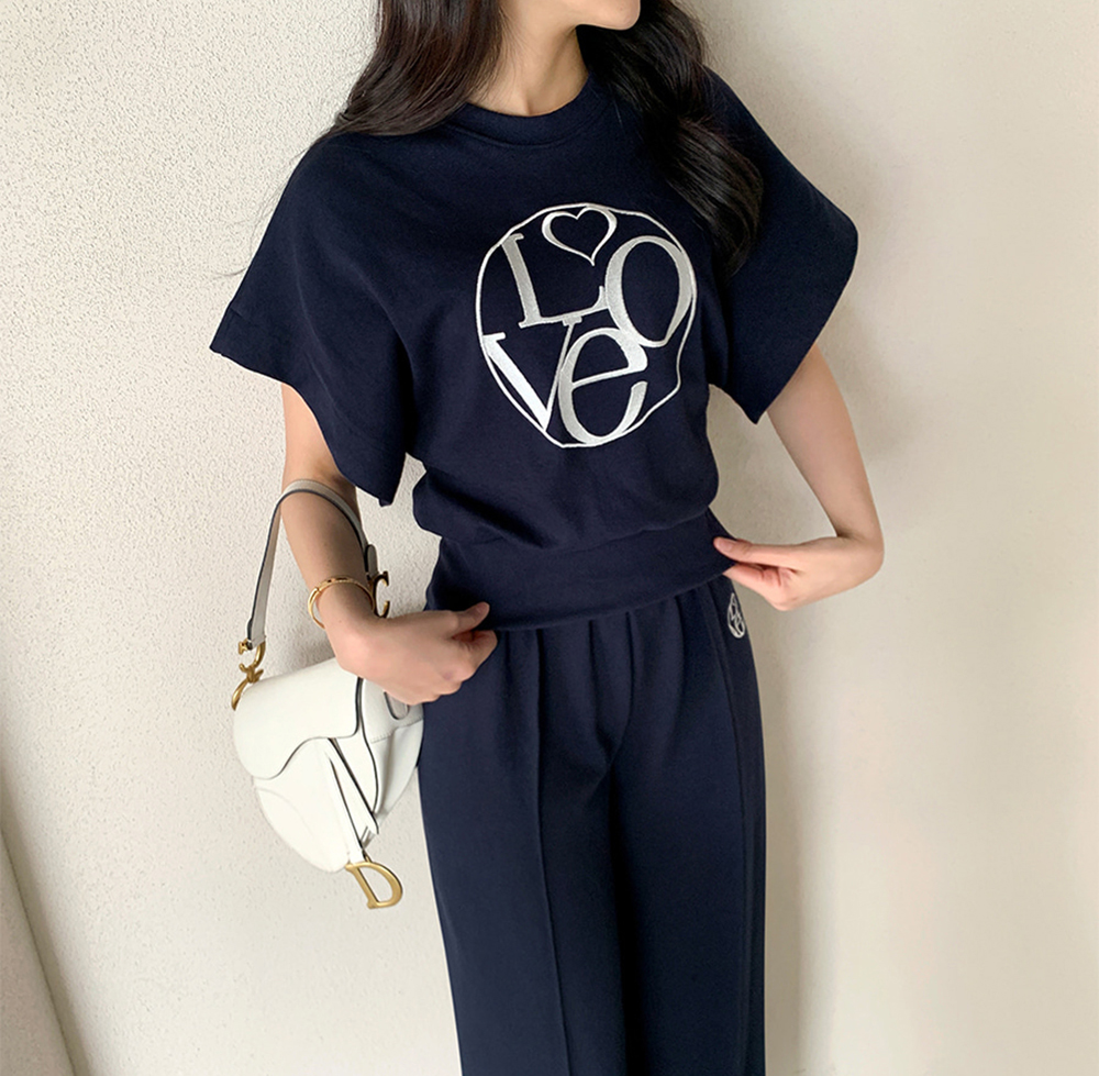 質感刺繡字母長褲套裝