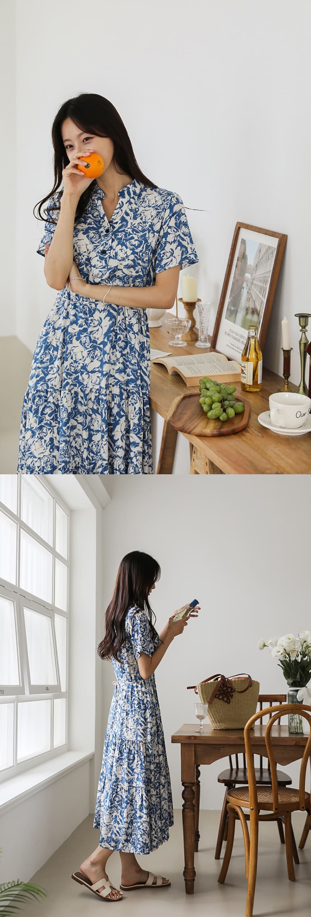 襯衫領碎花長洋裝