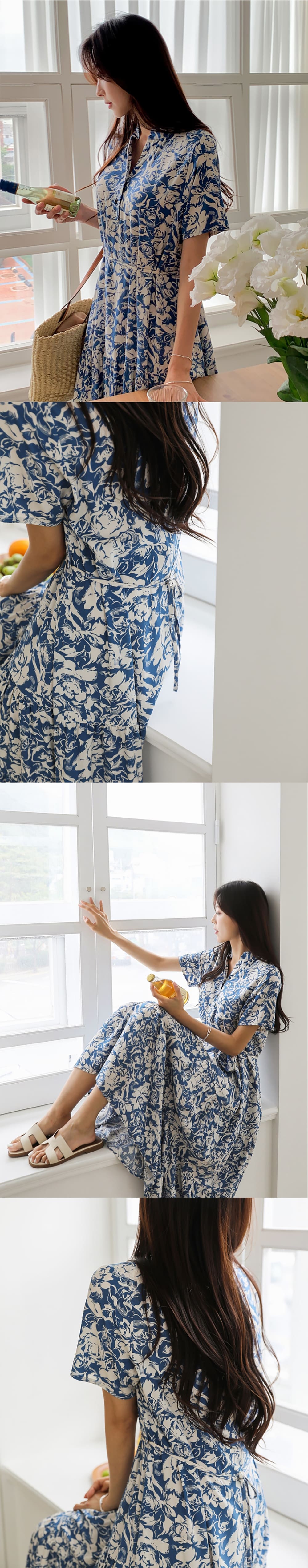 襯衫領碎花長洋裝